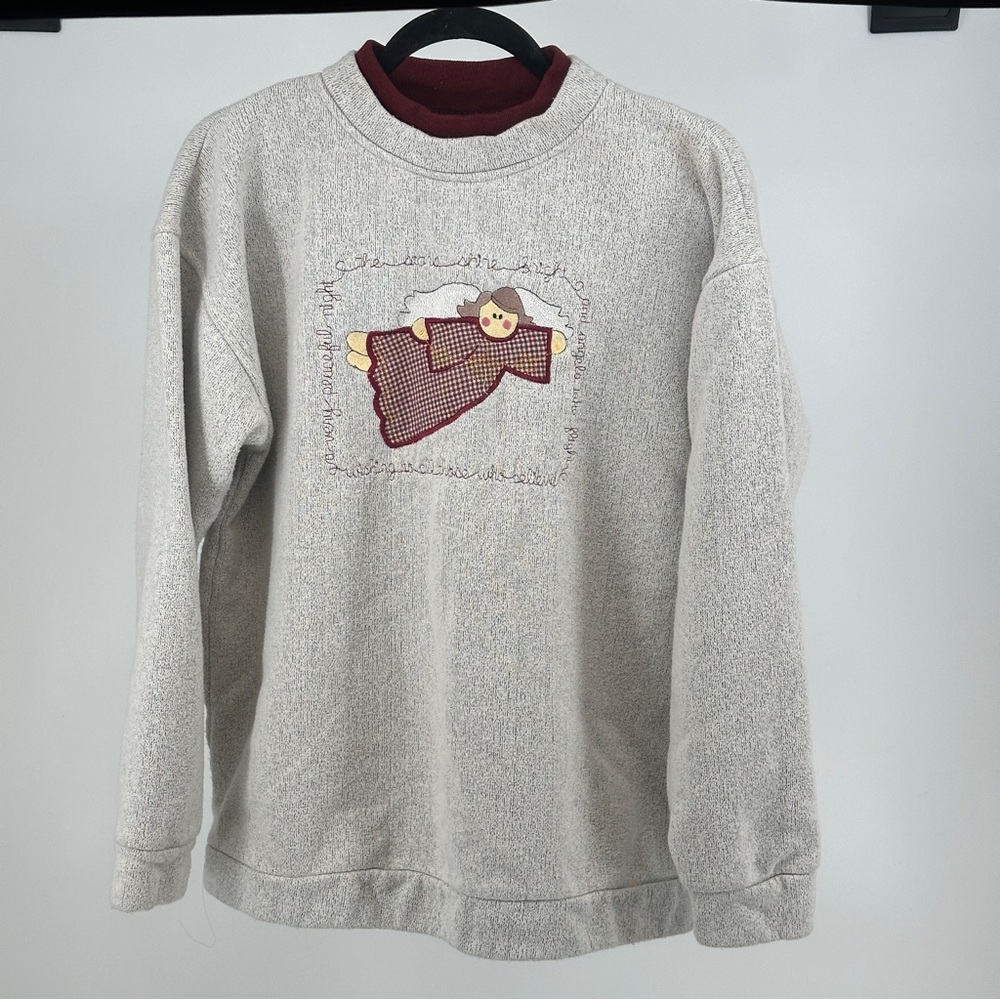 Vintage Large Burgundy Gray Angel Graphic Embroidered Turtleneck Sweatshirt‎